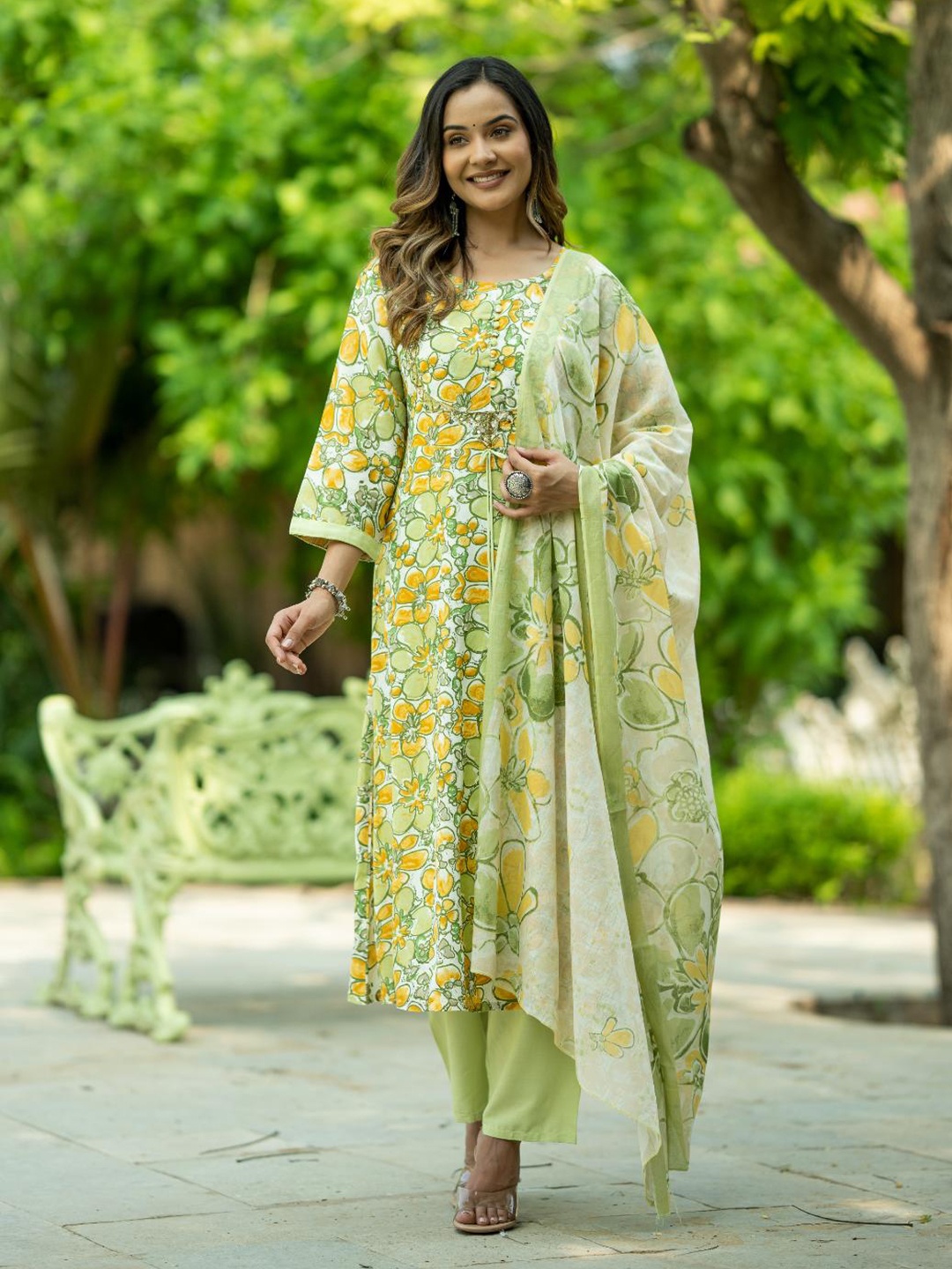 

KALINI Floral Printed Sequinned Pure Cotton Kurta with Trousers & Dupatta, Fluorescent green