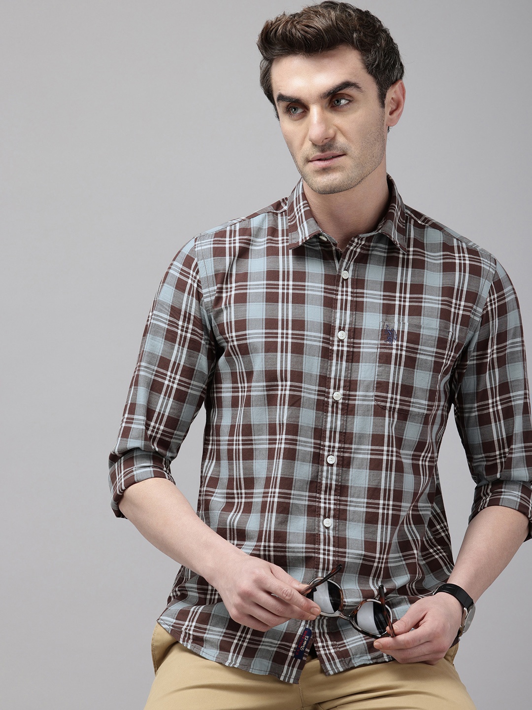 

U.S. Polo Assn. Denim Co. Pure Cotton Slim Fit Checked Casual Shirt, Coffee brown