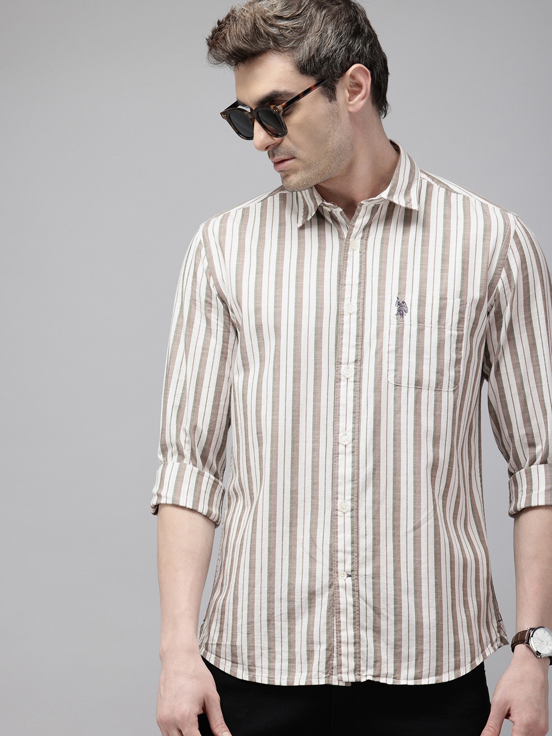 

U.S. Polo Assn. Denim Co. Pure Cotton Slim Fit Striped Casual Shirt, Off white