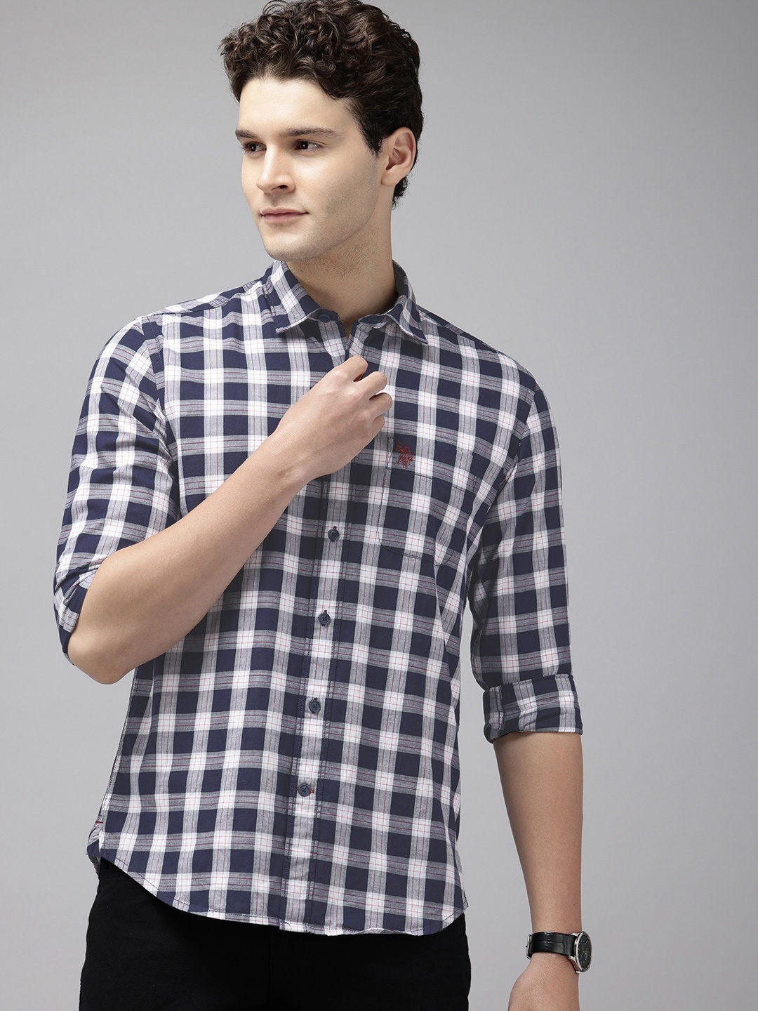 

U.S. Polo Assn. Denim Co. Slim Fit Windowpane Checks Pure Cotton Casual Shirt, Navy blue
