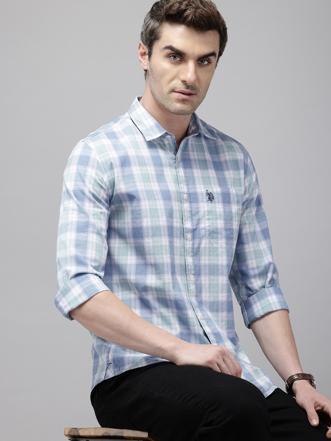 

U.S. Polo Assn. Denim Co. Pure Cotton Slim Fit Checked Casual Shirt, Blue