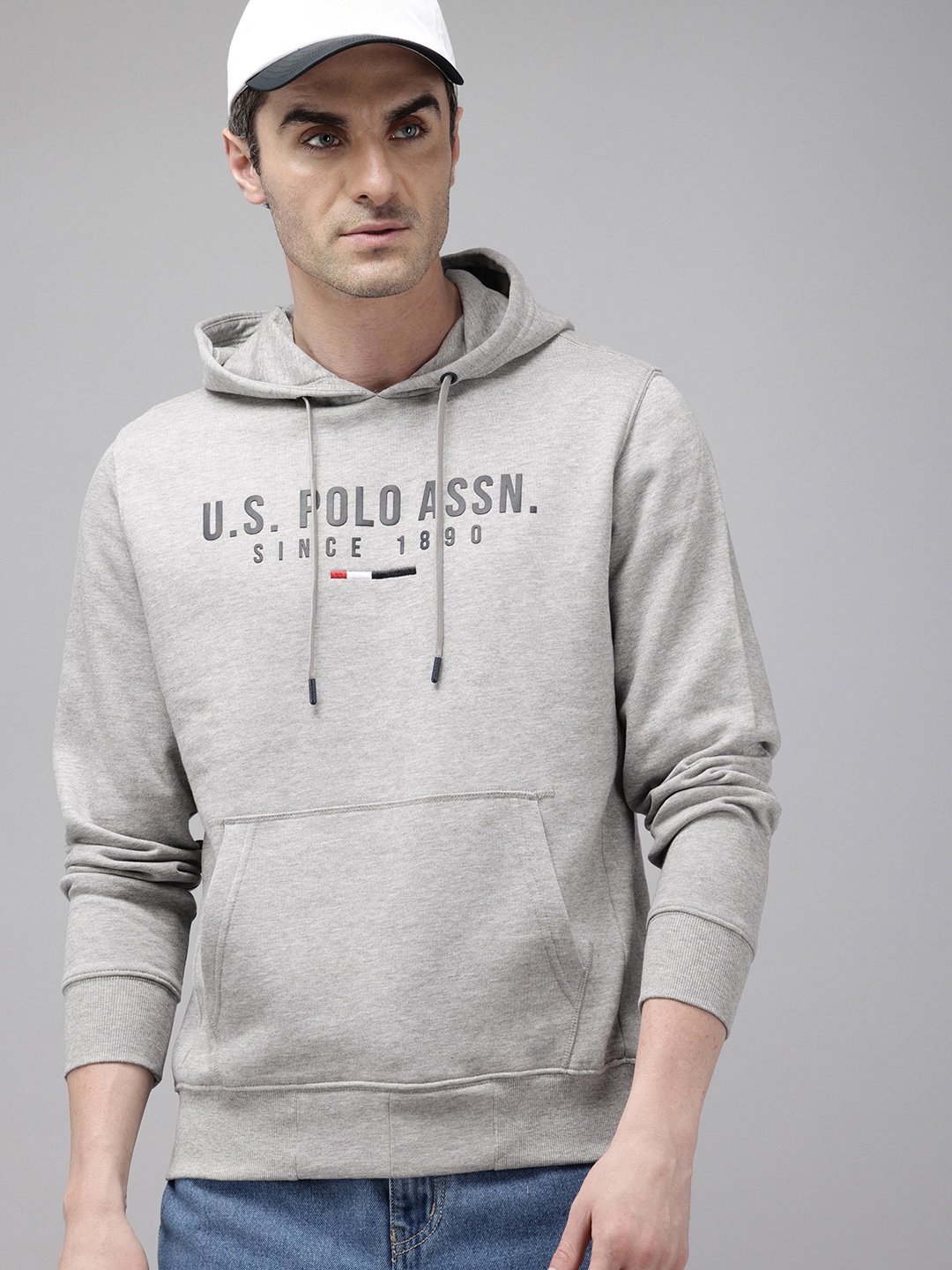 

U.S. Polo Assn. Brand Logo Printed Hooded Sweatshirt, Grey melange