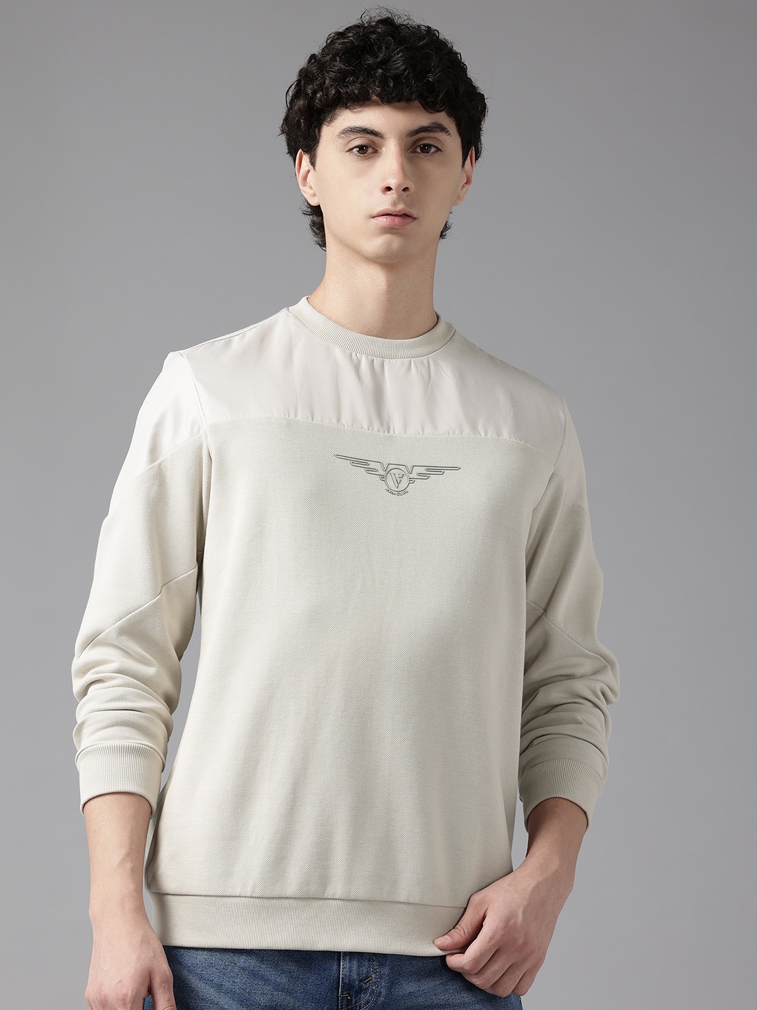 Van Heusen Sport Logo Printed Textured Pullover Sweatshirt, Cream
