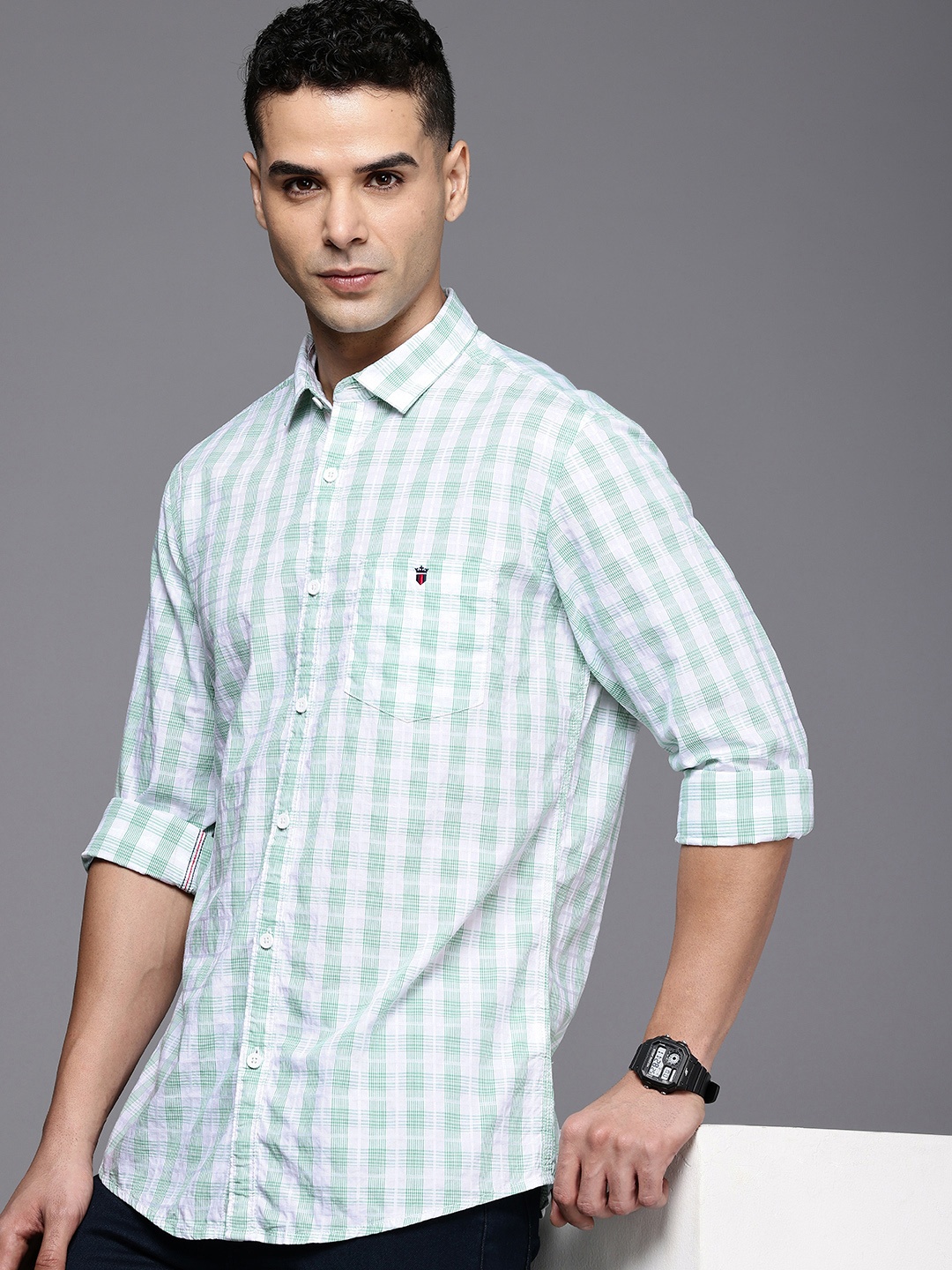 

Louis Philippe Jeans Pure Cotton Slim Fit Checked Casual Shirt, Green