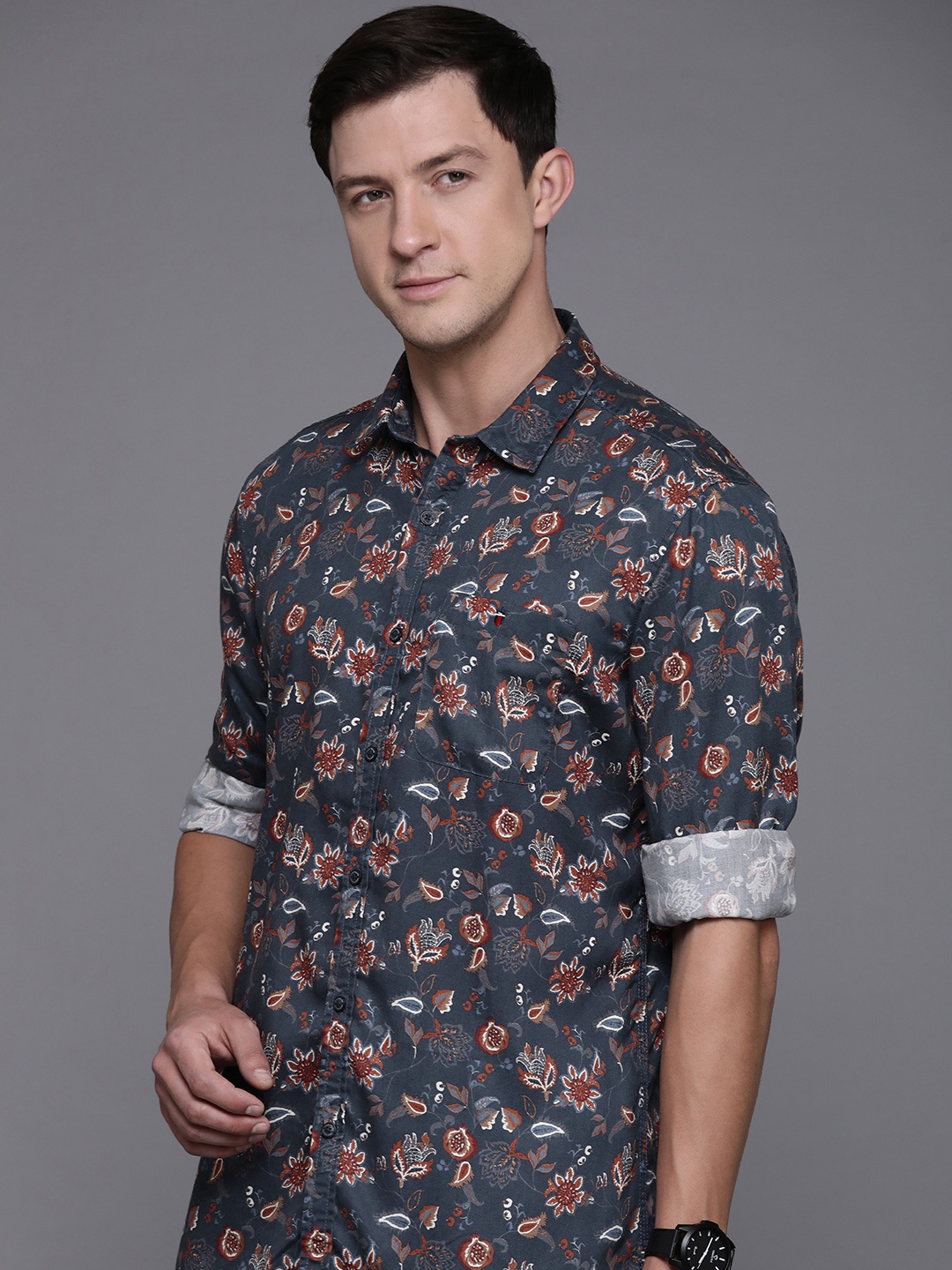 

Louis Philippe Jeans Slim Fit Floral Printed Casual Shirt, Navy blue