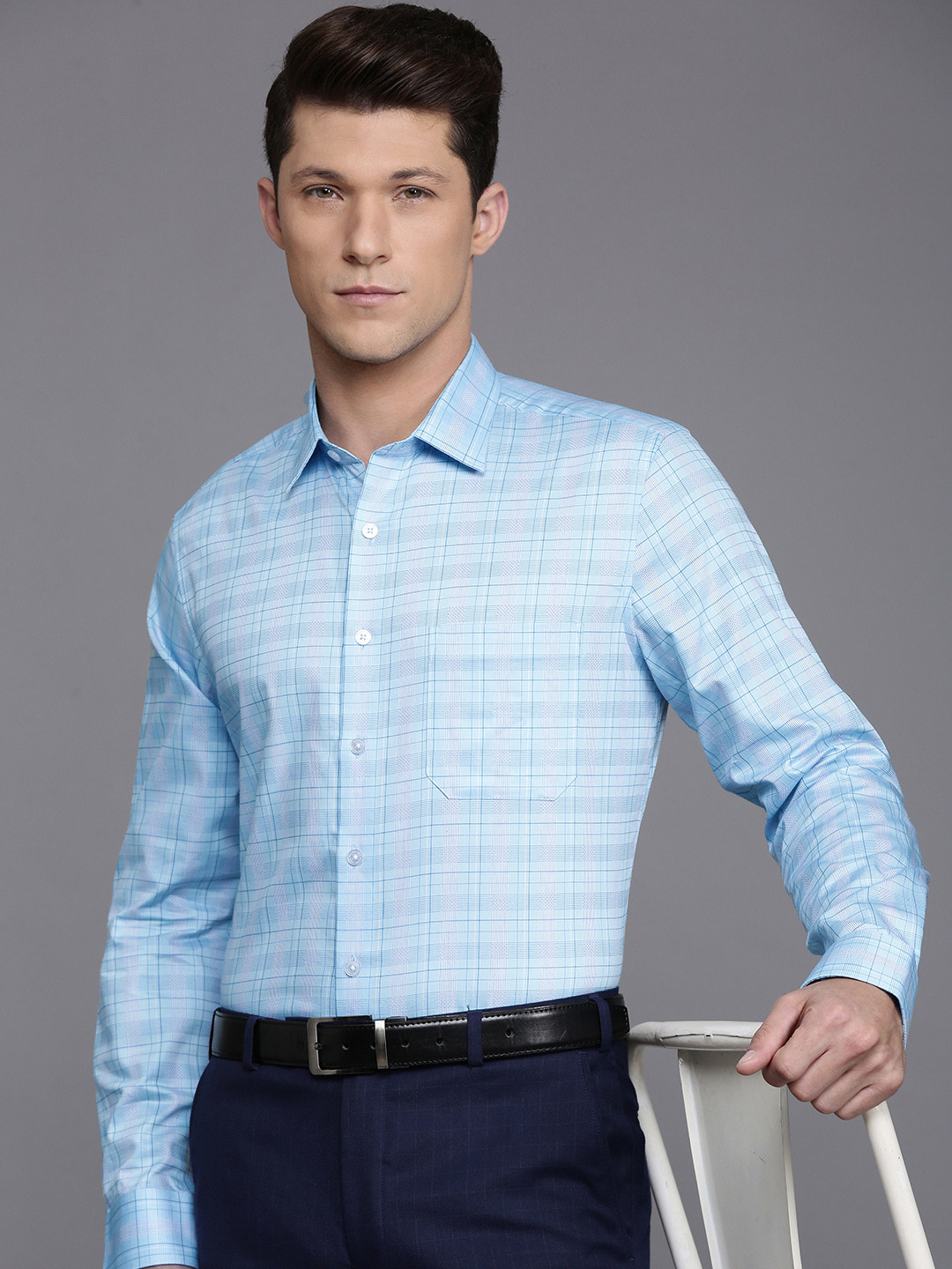 

Louis Philippe Slim Fit Opaque Checked Pure Cotton Formal Shirt, Blue