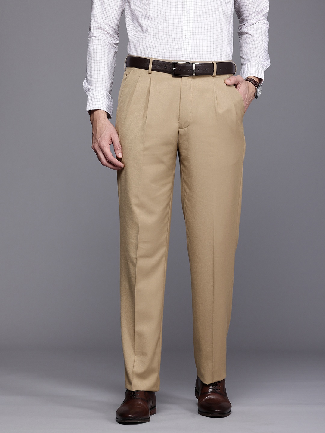 

Louis Philippe Men Classic Pleated Formal Trousers, Beige