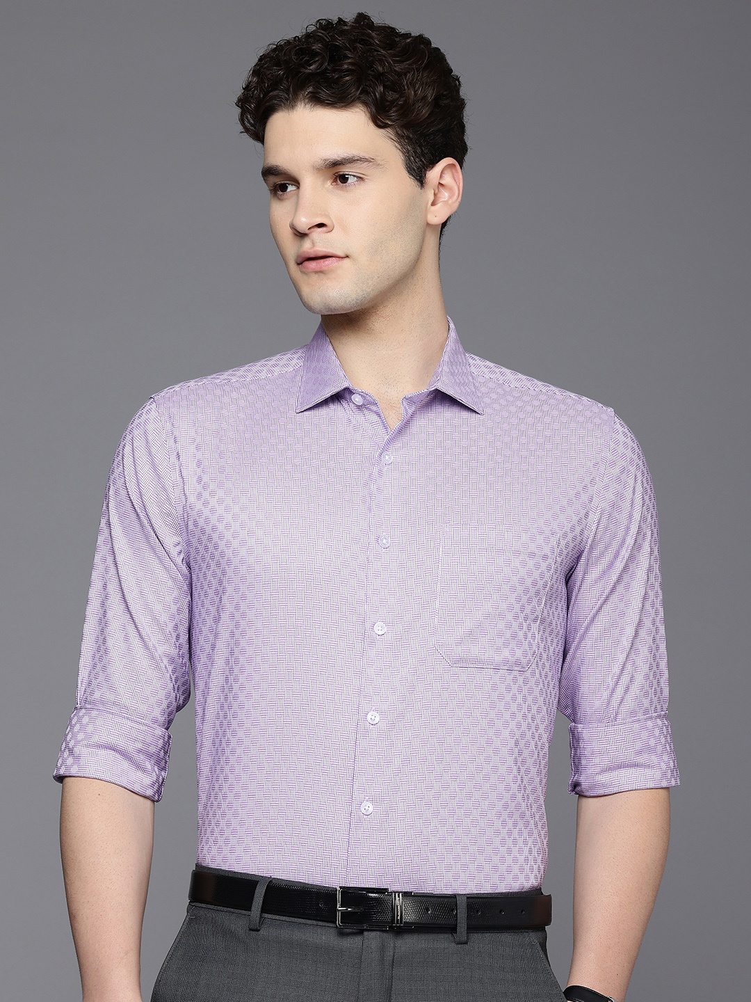 

Louis Philippe Slim Fit Geometric Self Design Formal Shirt, Purple