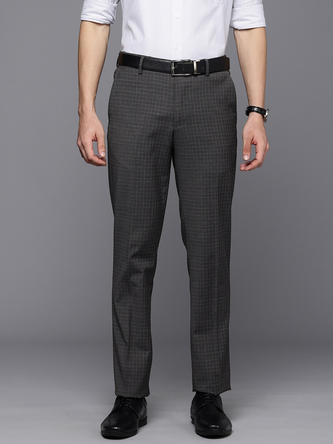 

Louis Philippe Men Checked Slim Fit Formal Trousers, Grey