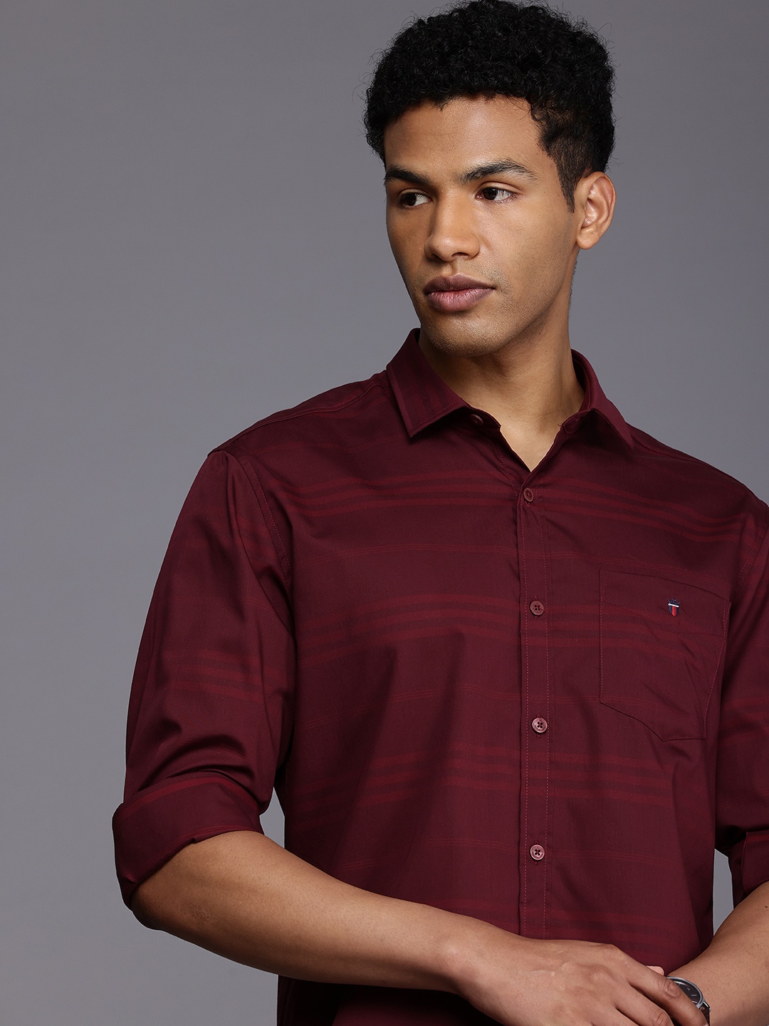 

Louis Philippe Sport Slim Fit Horizontal Stripes Pure Cotton Casual Shirt, Maroon