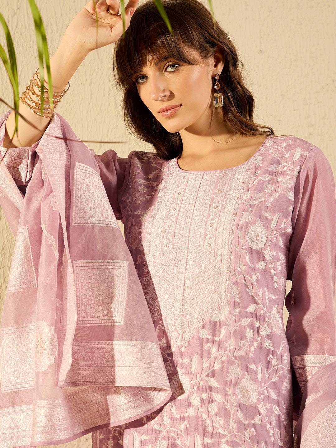 

Indo Era Women Floral Regular Kurta with Trousers & With Dupatta, Mauve