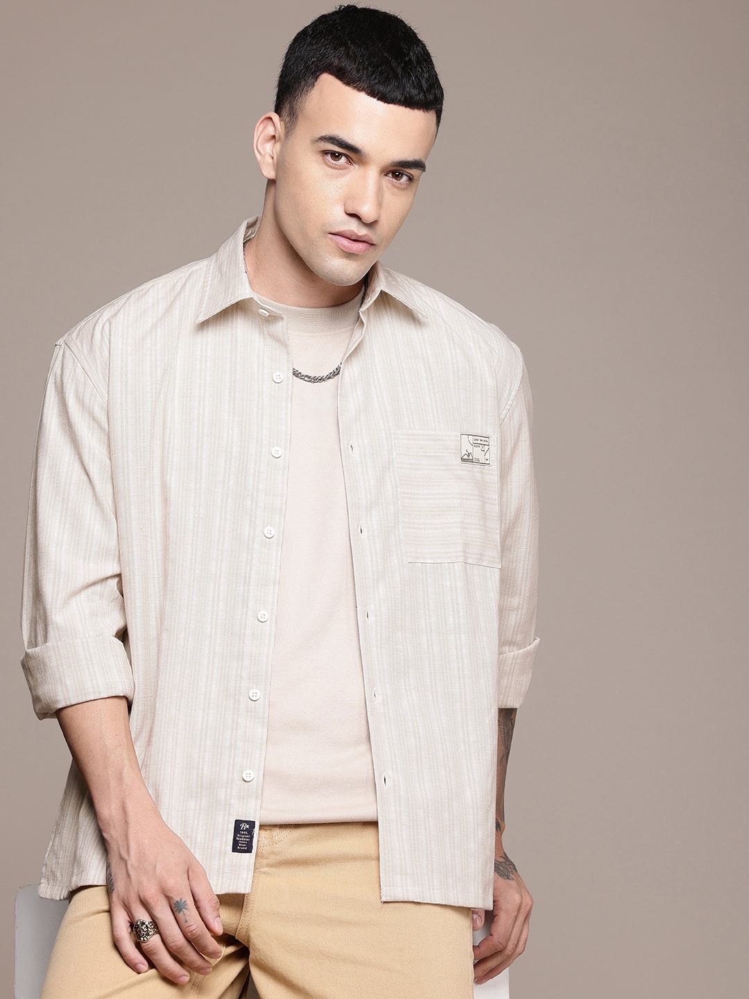 

Roadster Men Relaxed Striped Cotton Linen Casual Shirt, Beige
