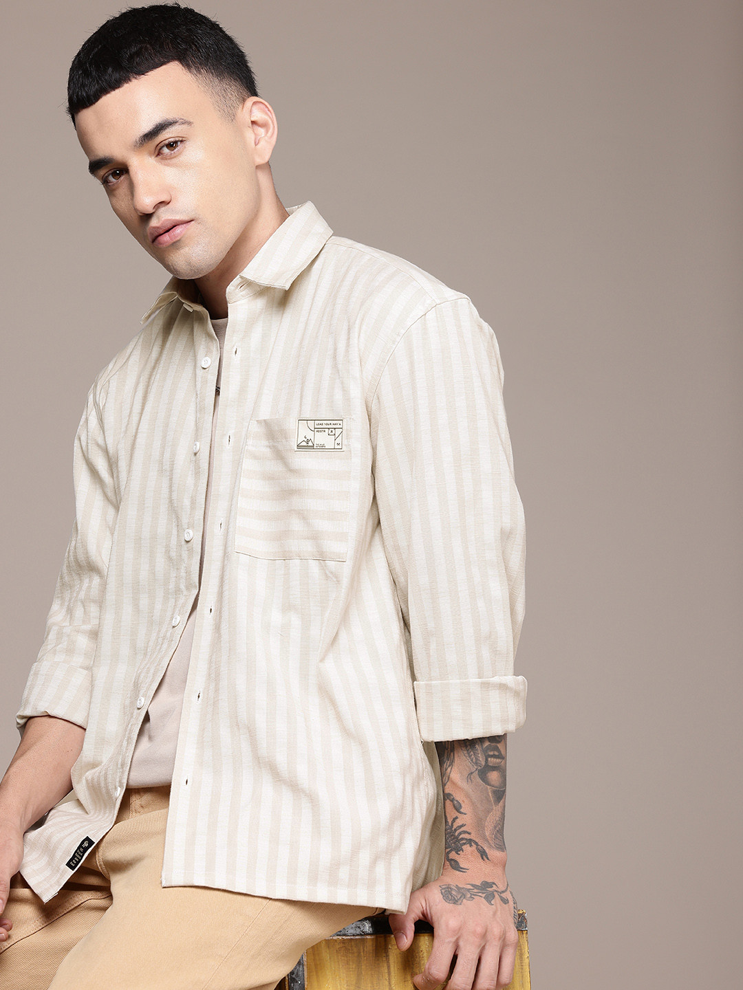 

Roadster Men Relaxed Striped Cotton Linen Casual Shirt, Beige