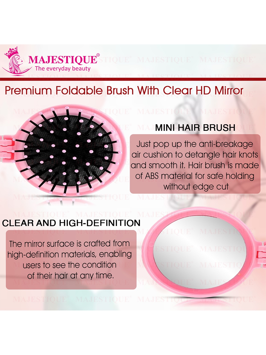 

MAJESTIQUE Portable Folding Hair Brush With Mirror, Pink