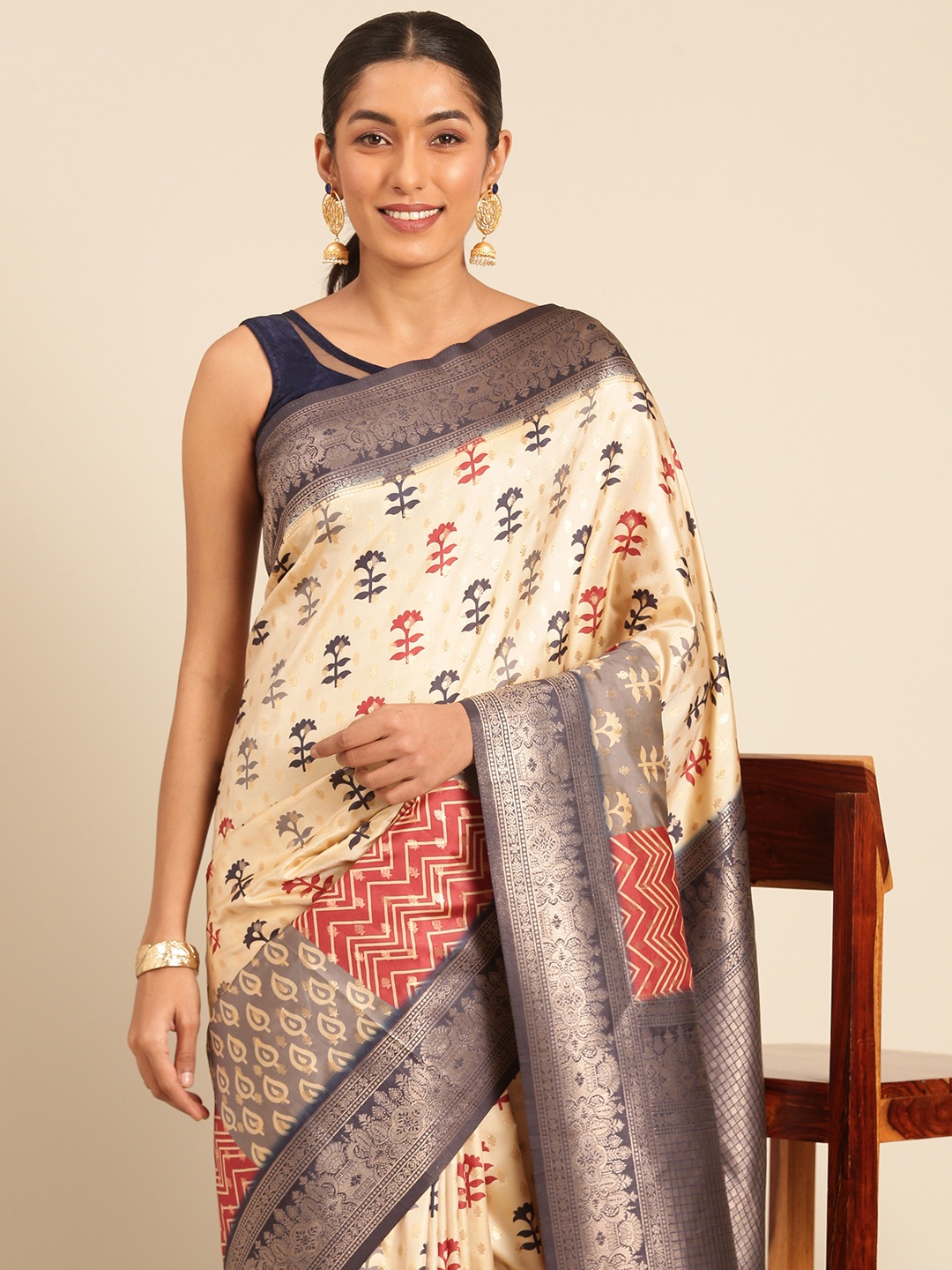 

Sangam Prints Woven Work Traditional Silk Saree, Cream