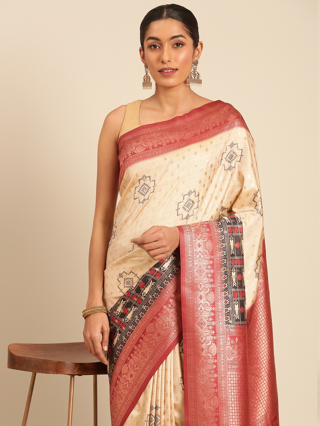 

Sangam Prints Woven Work Traditional Silk Saree, Cream