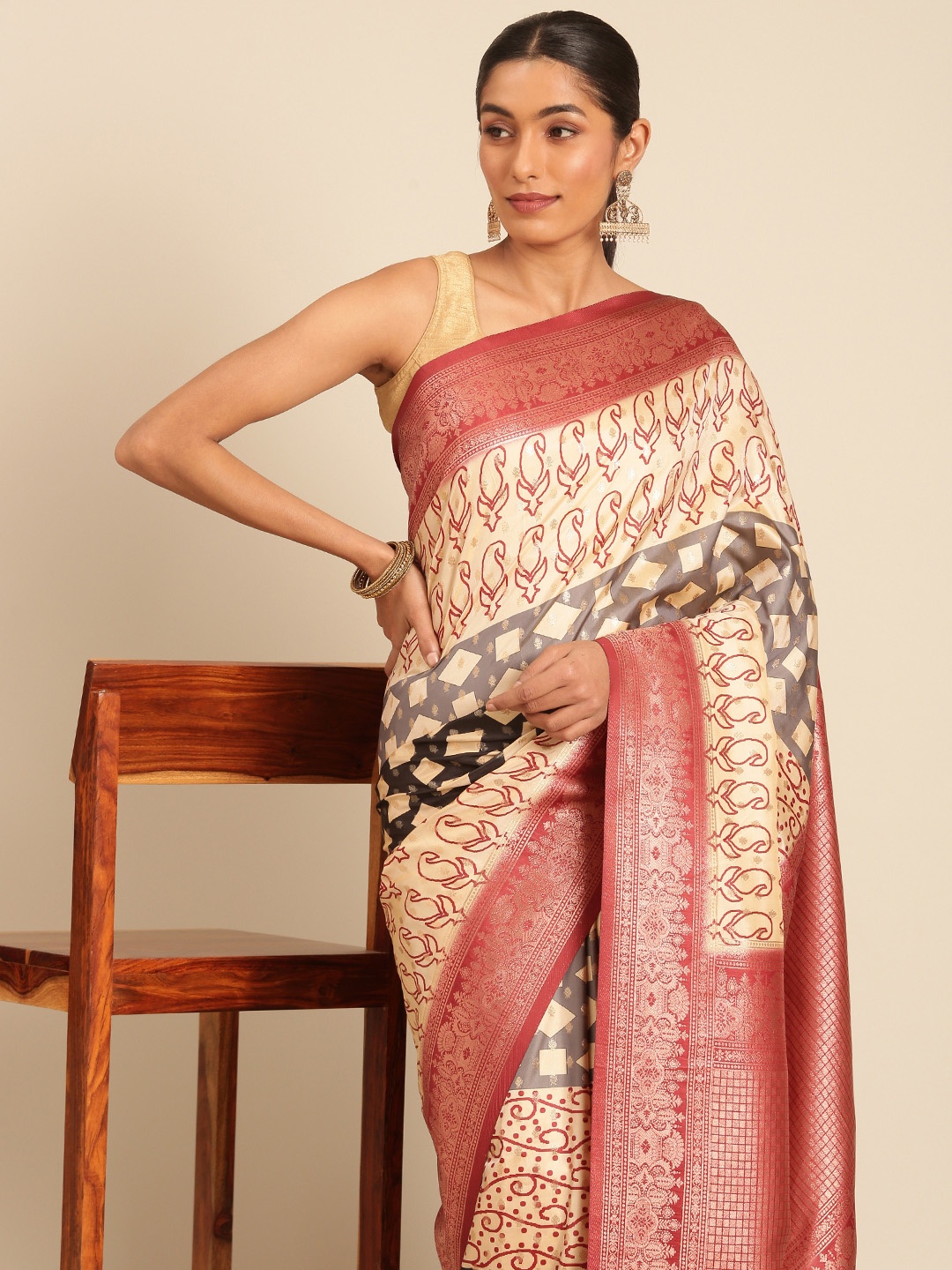 

Sangam Prints Woven Work Traditional Silk Saree, Cream