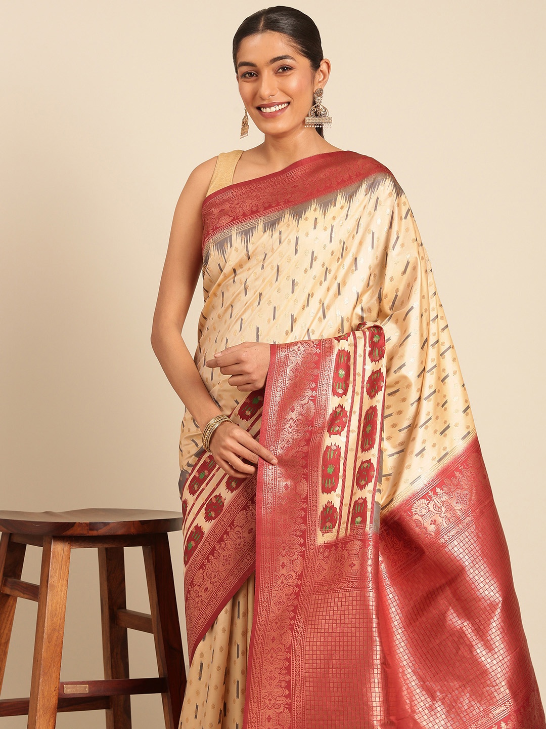 

Sangam Prints Woven Work Traditional Silk Saree, Cream
