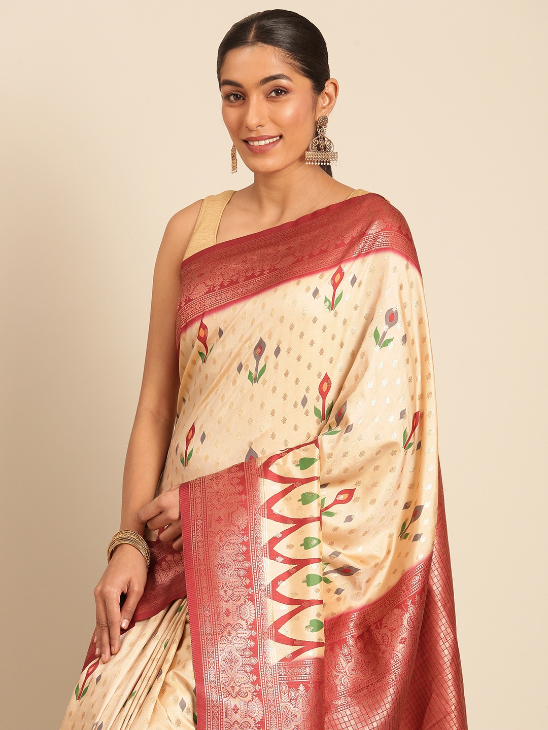 

Sangam Prints Woven Work Traditional Silk Saree, Cream