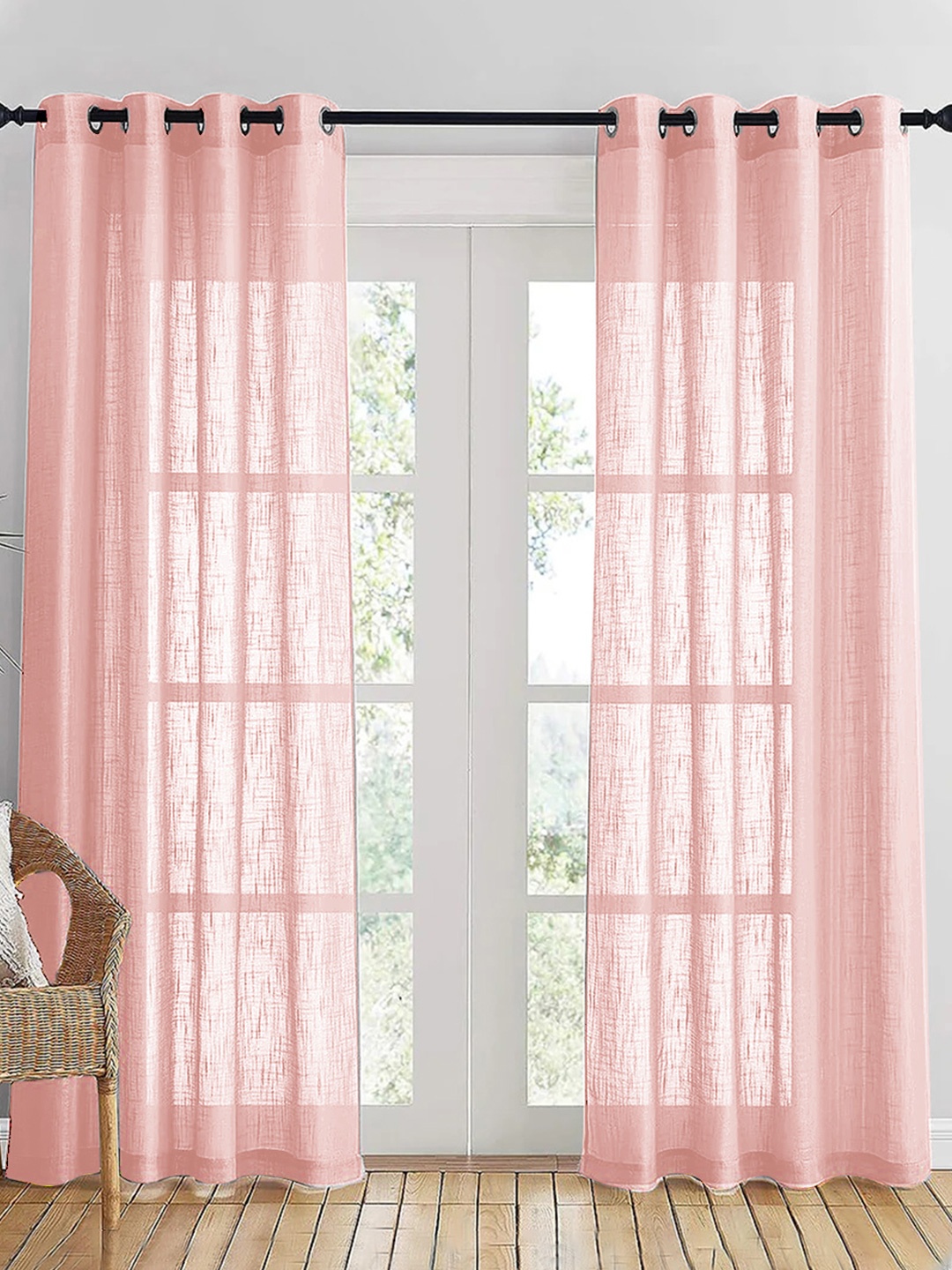 

HOMEMONDE Pink 2 Pieces Cotton Sheer Long Door Curtain