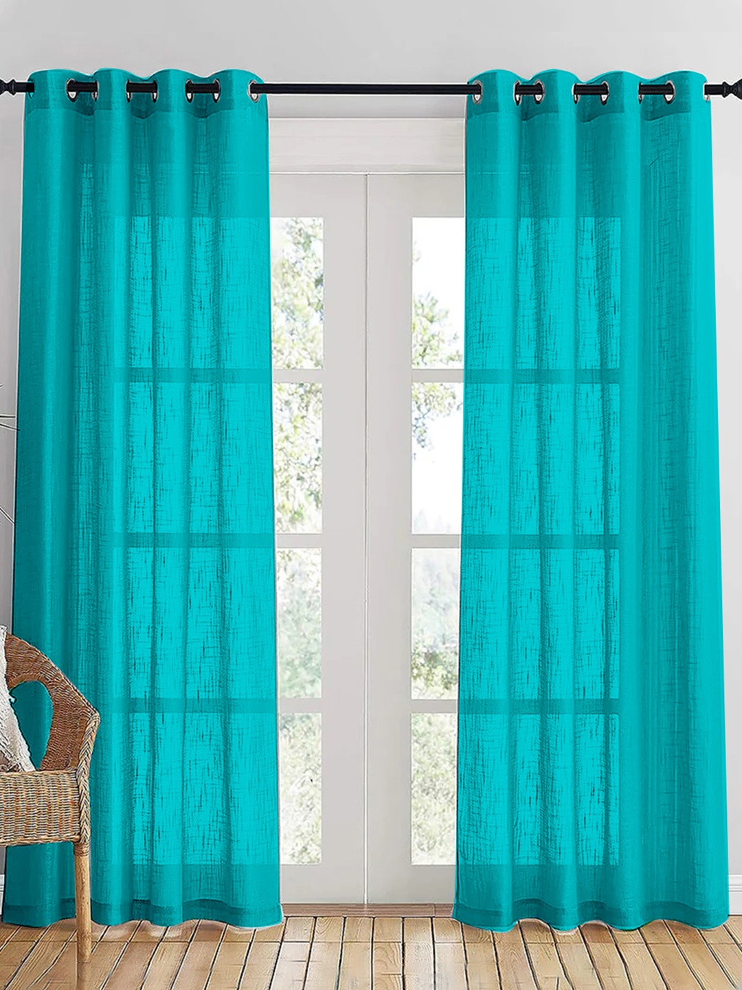 

HOMEMONDE Blue 2 Pieces Cotton Sheer Door Curtain