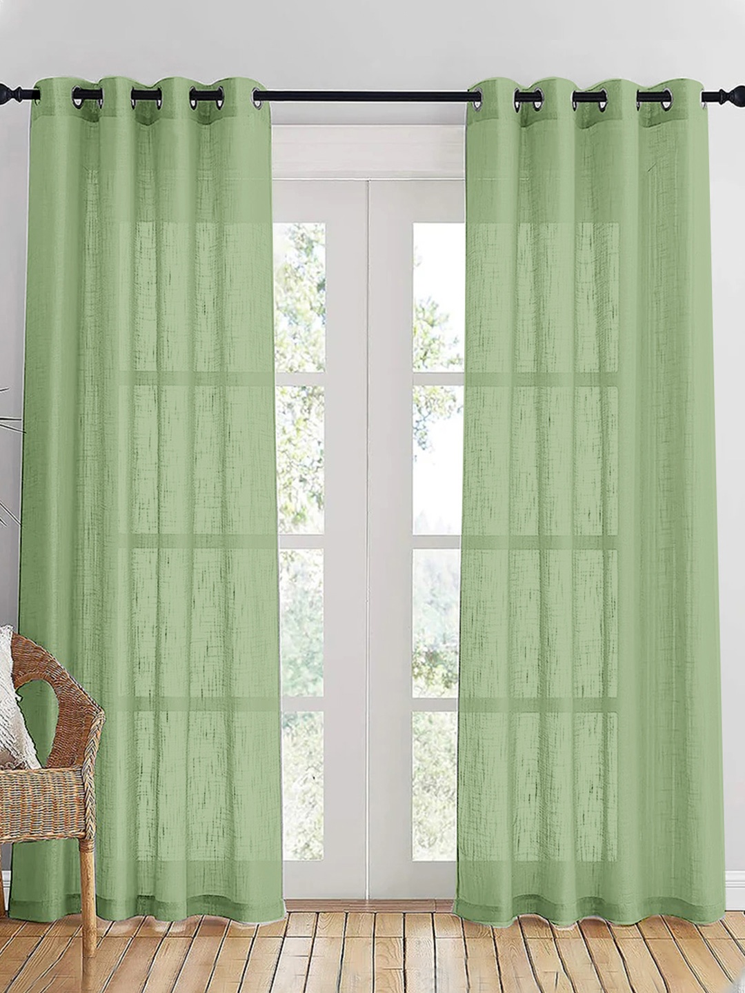 

HOMEMONDE Green 2 Pieces Cotton Sheer Long Door Curtain