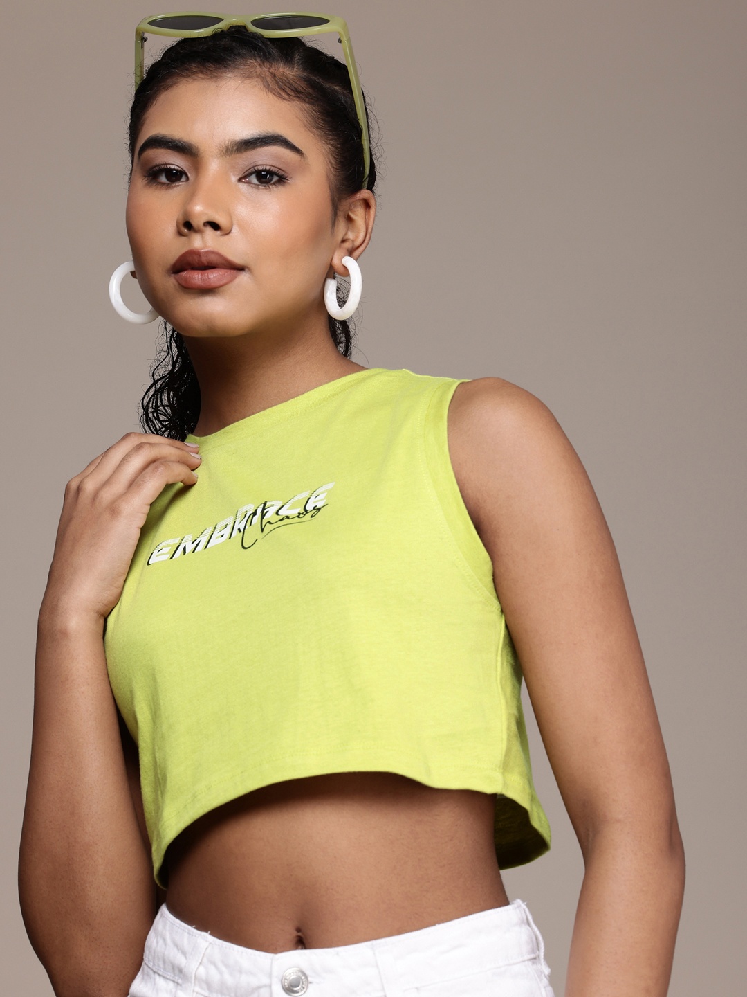 

The Roadster Life Co. Typography Printed Cropped Pure Cotton T-shirt, Lime green