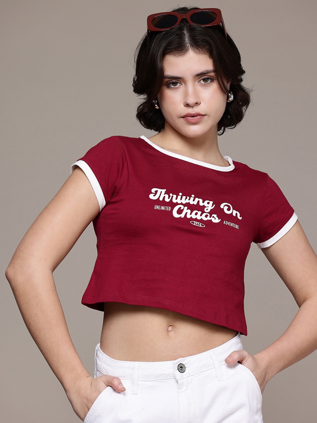 

The Roadster Life Co. Typography Printed Cropped Pure Cotton T-shirt, Maroon