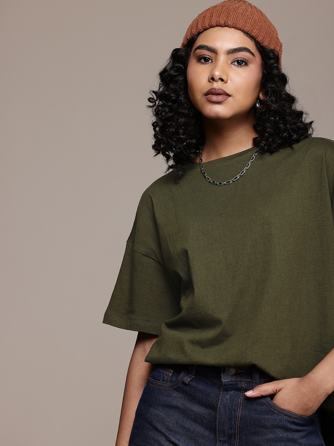 The Roadster Life Co. Solid Drop-Shoulder Sleeves Pure Cotton T-shirt, Olive