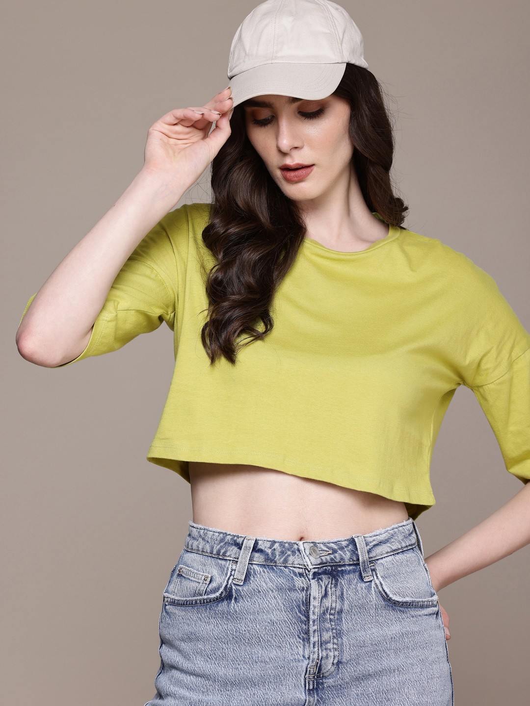 

The Roadster Life Co. Pure Cotton Drop-Shoulder Sleeves Boxy Crop T-shirt, Green