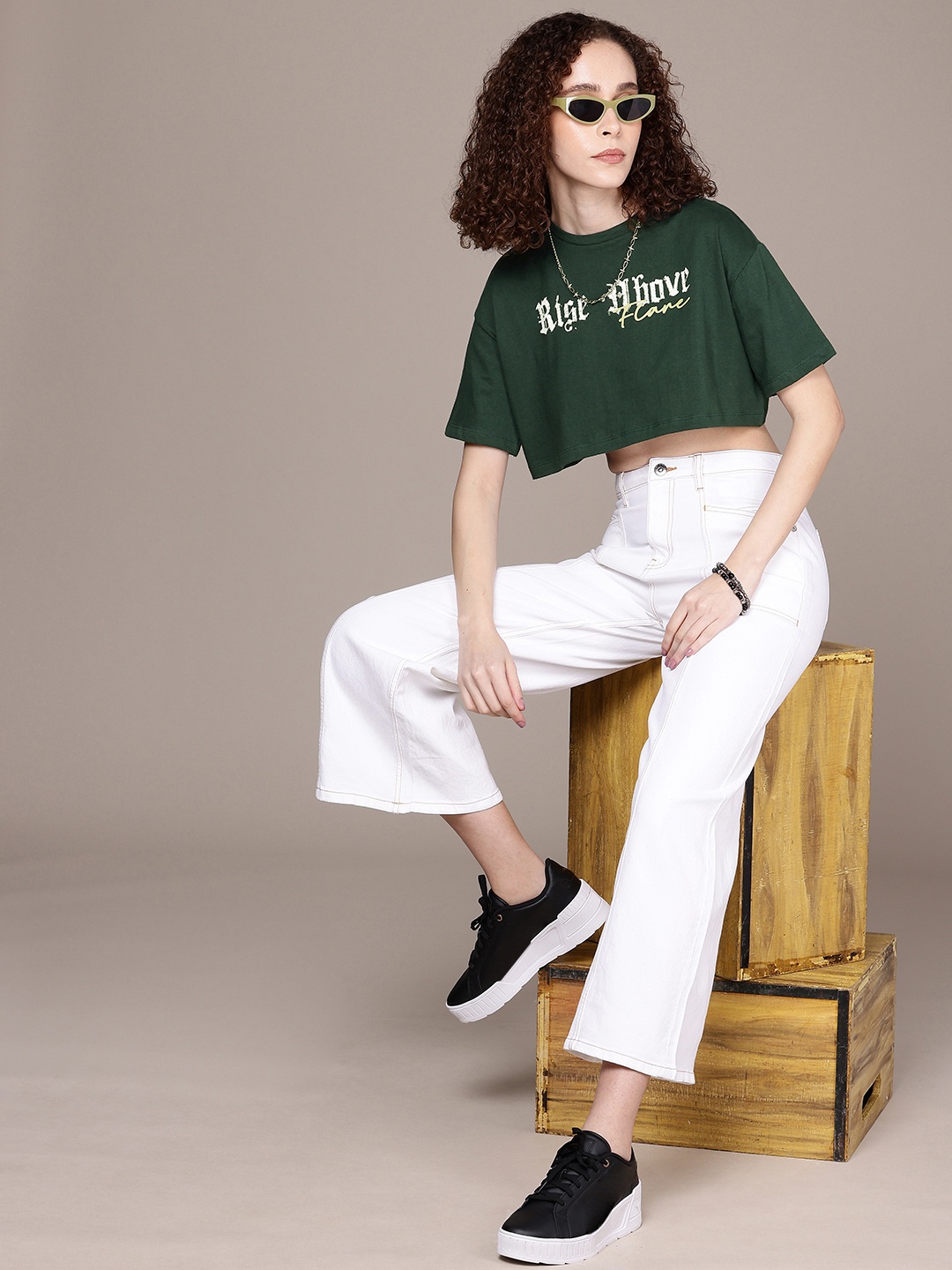 

The Roadster Life Co. Typography Printed Pure Cotton Boxy Crop T-shirt, Green