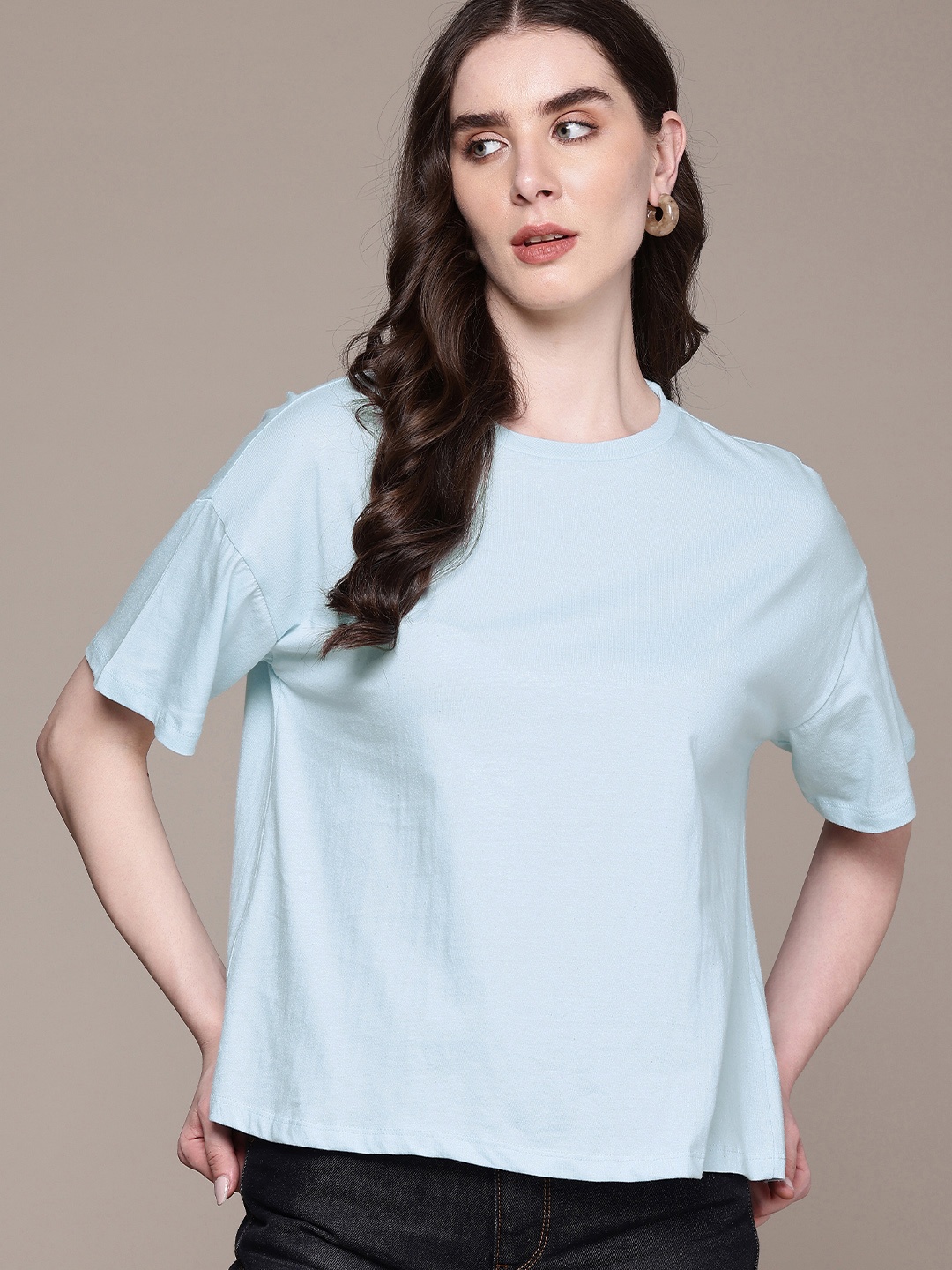 

The Roadster Life Co. Pure Cotton Drop-Shoulder Sleeves Oversized T-shirt, Blue