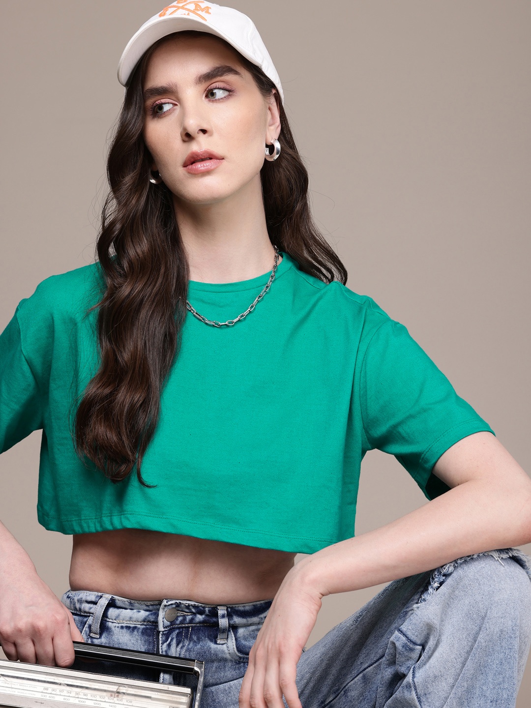 

The Roadster Life Co. Drop-Shoulder Sleeves Pure Cotton Boxy T-shirt, Green