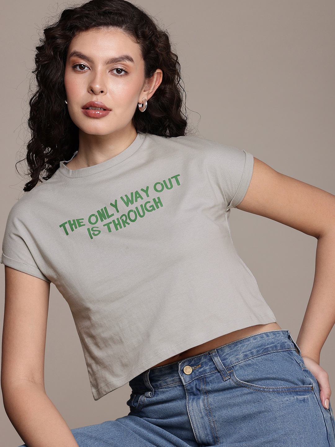 

The Roadster Life Co. Typography Printed Extended Sleeves Pure Cotton Boxy T-shirt, Grey