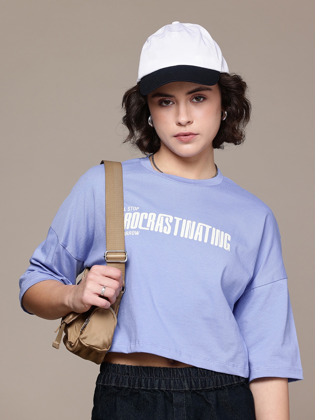 

The Roadster Life Co. Typography Printed Drop-Shoulder Sleeves Pure Cotton Boxy T-shirt, Blue