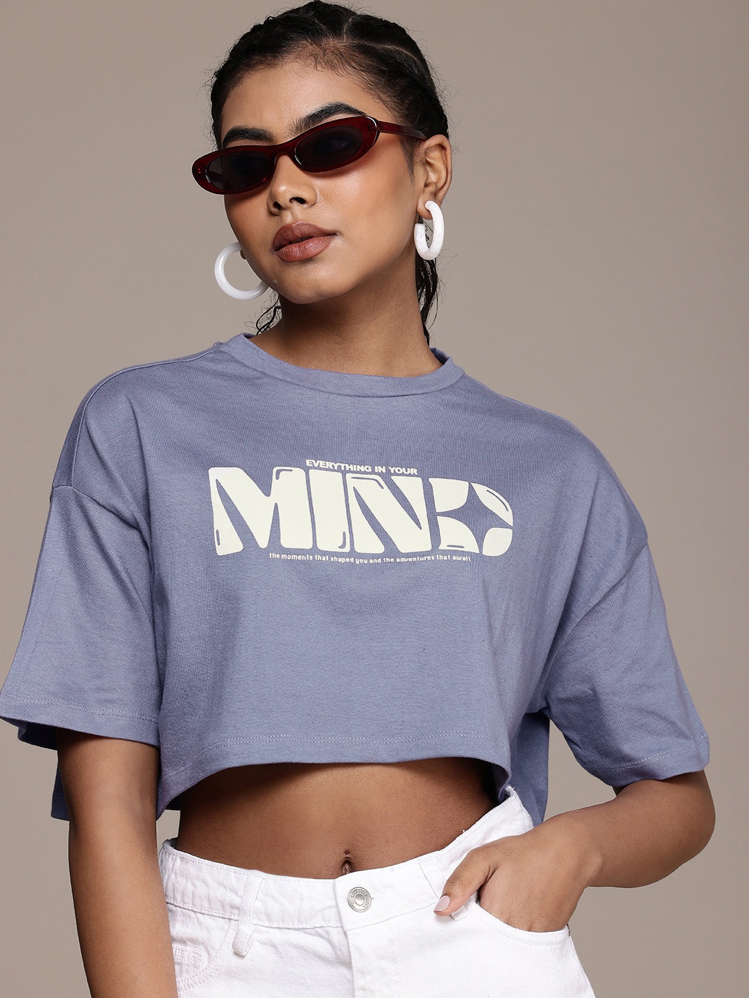 

The Roadster Life Co. Boxy Fit Typography Drop-Shoulder Cropped Pure Cotton T-shirt, Lavender