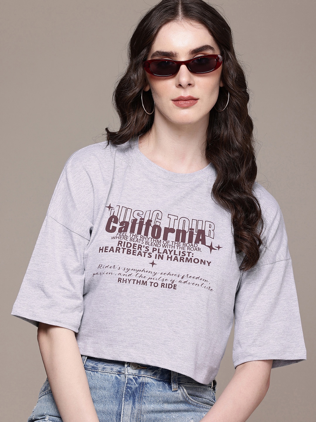 

The Roadster Life Co. Typography Printed Drop-Shoulder Sleeves Boxy T-shirt, Grey melange