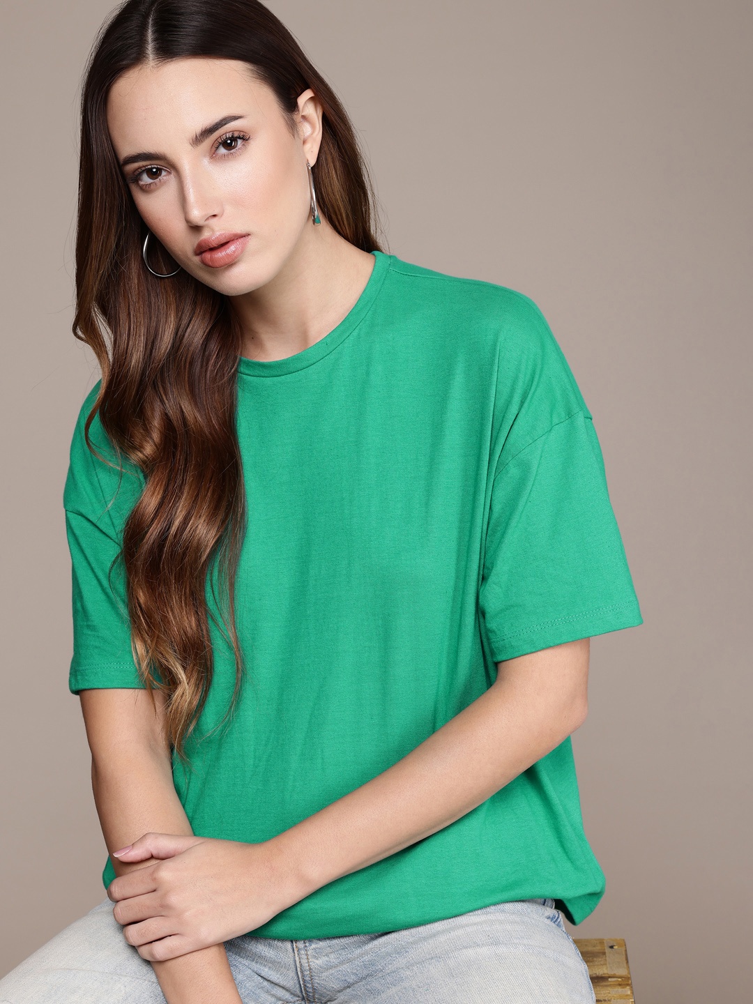 

The Roadster Life Co. Drop-Shoulder Sleeves Pure Cotton Relaxed Fit T-shirt, Green