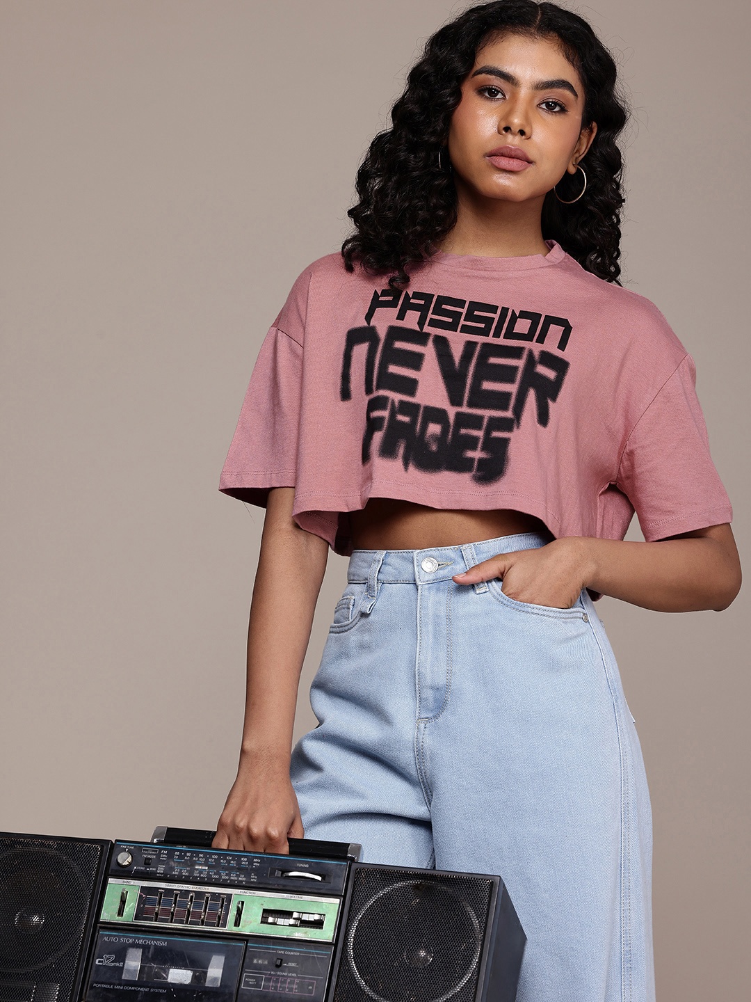

The Roadster Life Co. Typography Printed Pure Cotton Boxy Crop T-shirt, Rose