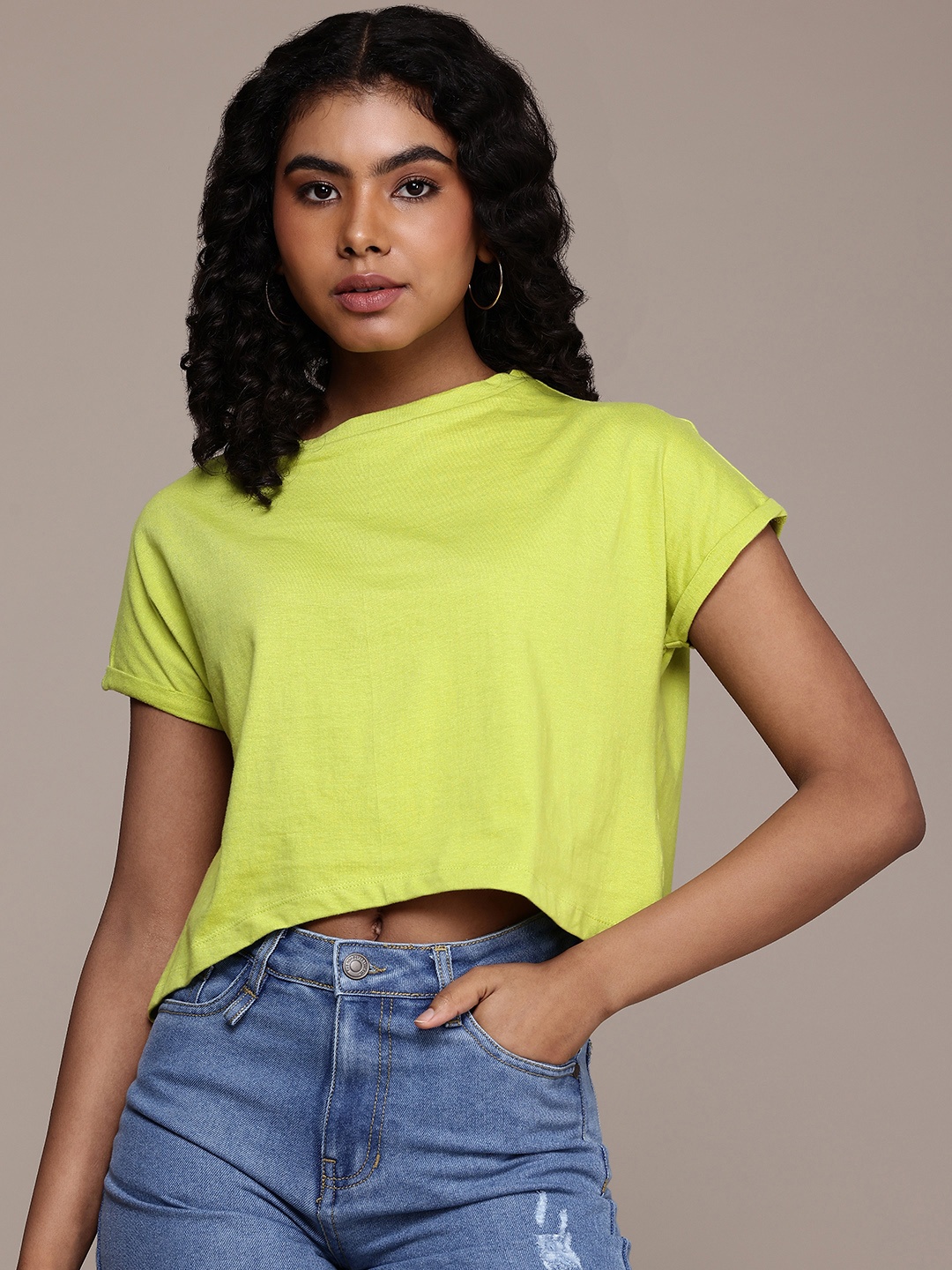 

The Roadster Life Co. Boxy Fit Cropped Extended Sleeves Pure Cotton T-shirt, Lime green