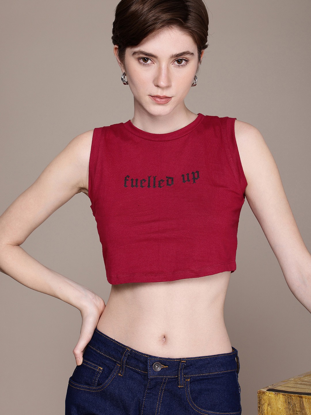 

The Roadster Life Co. Sleeveless Typography Printed Pure Cotton T-shirt, Red