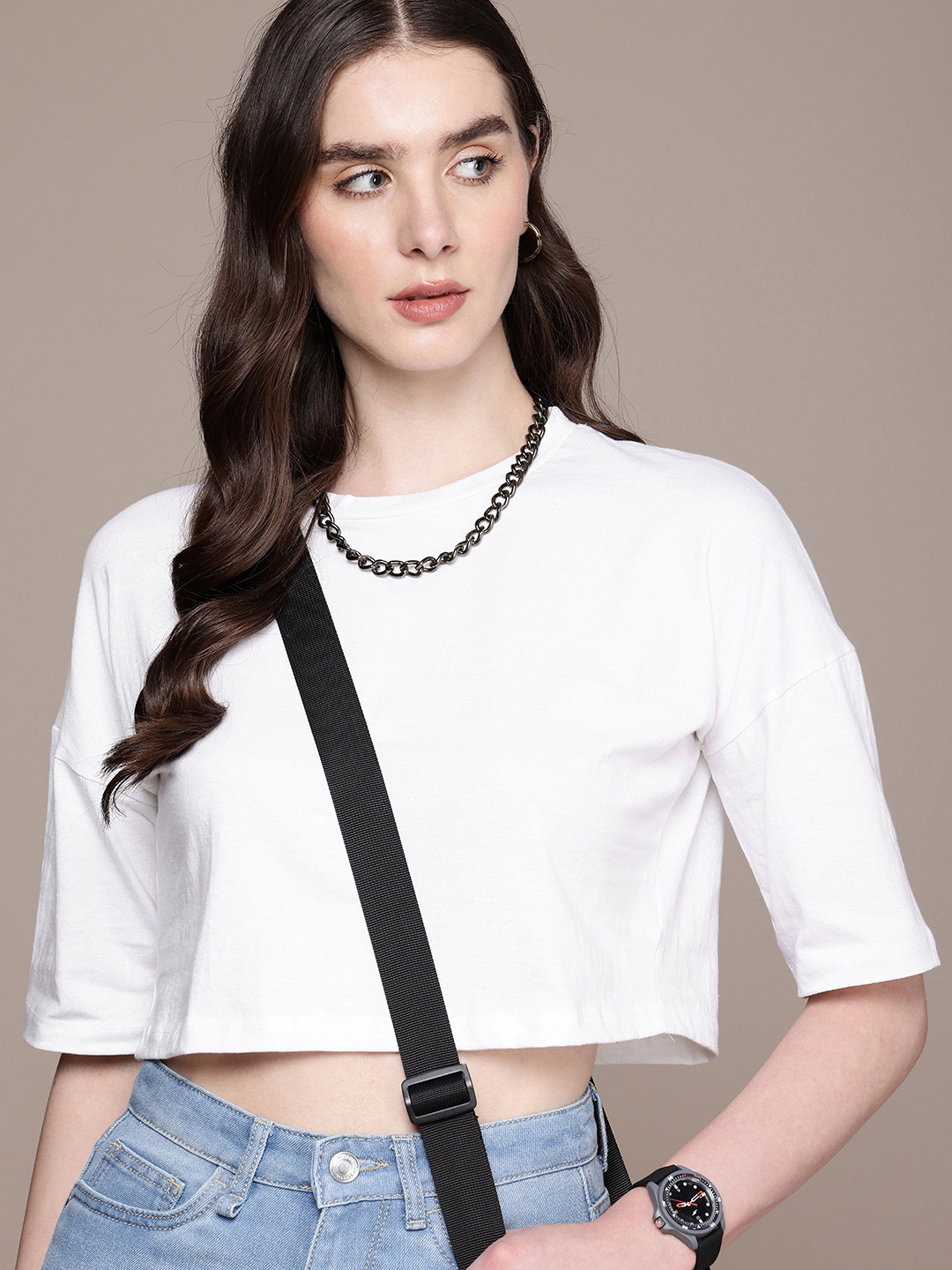 

The Roadster Life Co. Drop-Shoulder Sleeves Crop Pure Cotton Boxy T-shirt, White