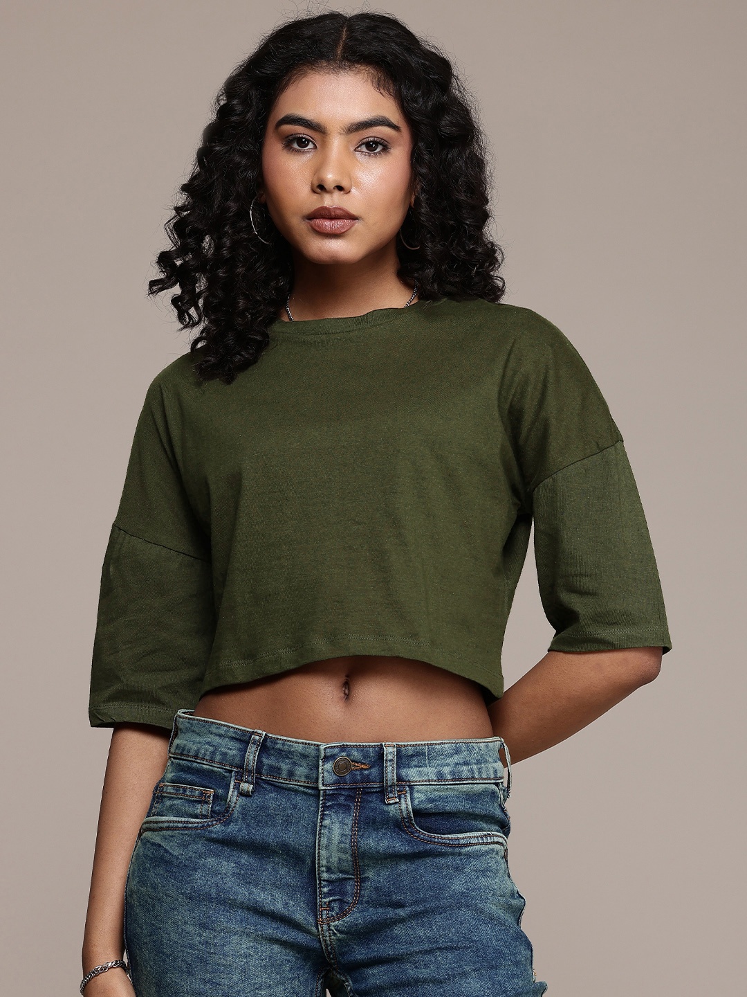 

The Roadster Life Co. Drop-Shoulder Sleeves Pure Cotton Boxy Crop T-shirt, Olive