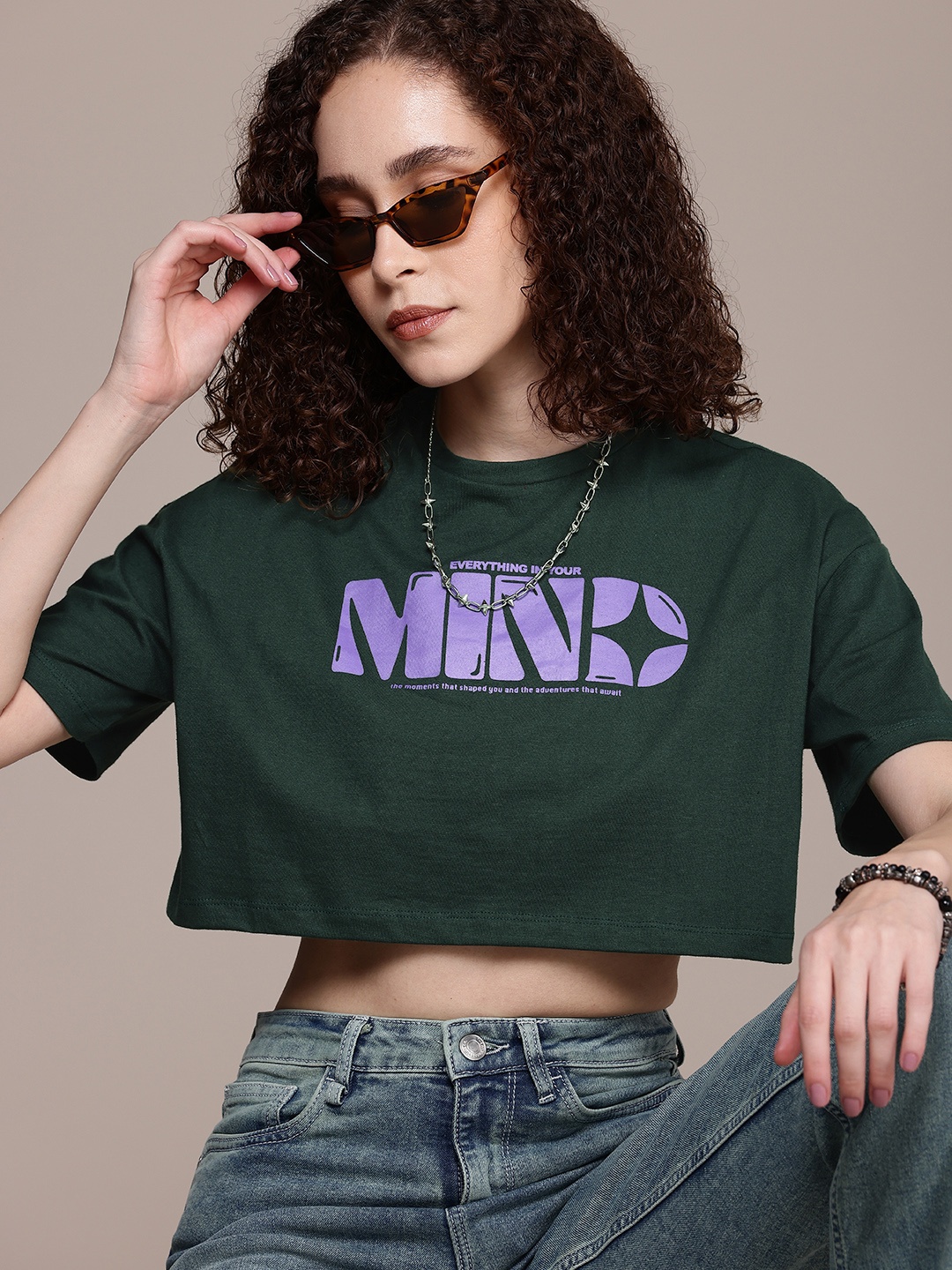 

The Roadster Life Co. Boxy Typography Printed Drop-Shoulder Cropped Pure Cotton T-shirt, Green