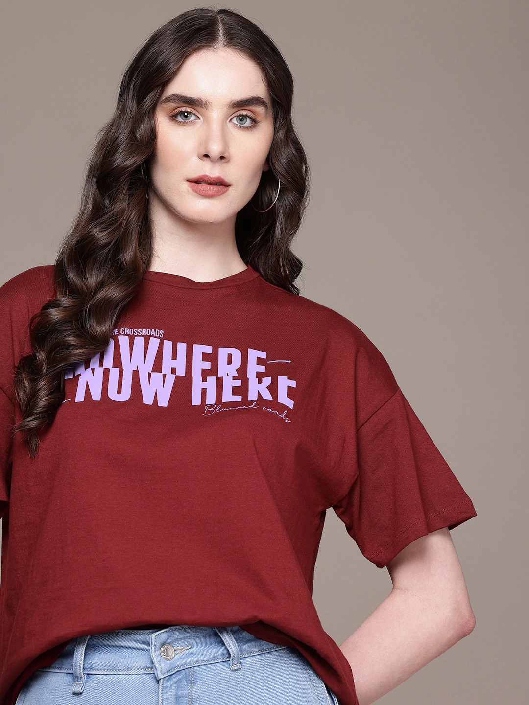 

The Roadster Life Co. Typography Printed Pure Cotton Relaxed Fit T-shirt, Maroon