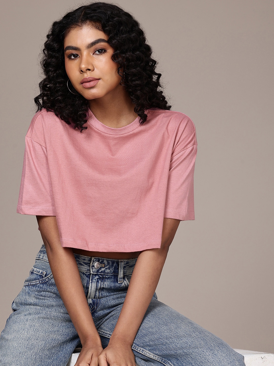 

The Roadster Life Co. Cropped Boxy Drop-Shoulder Sleeves Pure Cotton T-shirt, Mauve