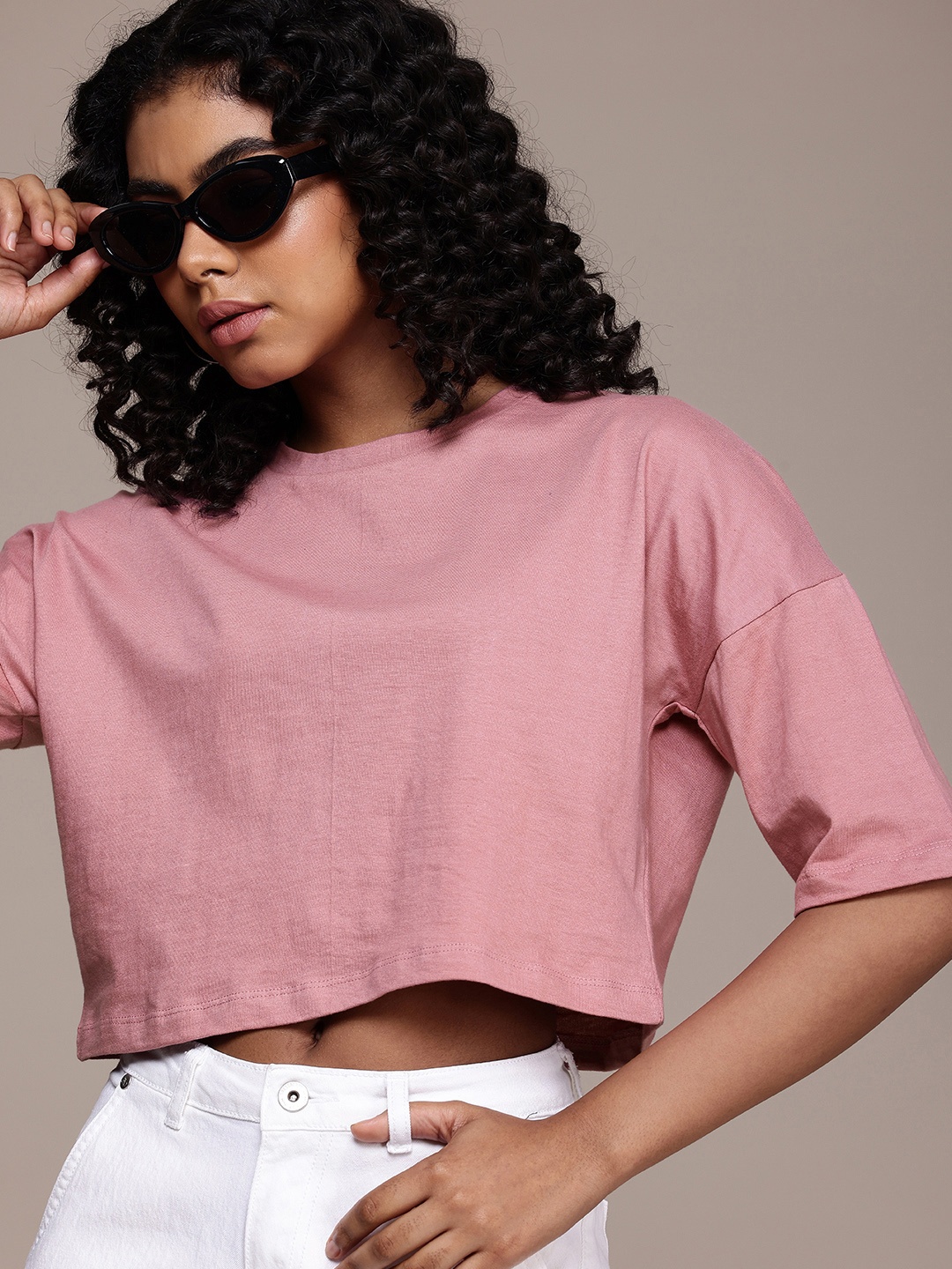 

The Roadster Life Co. Cropped Boxy Drop-Shoulder Sleeves Pure Cotton T-shirt, Mauve