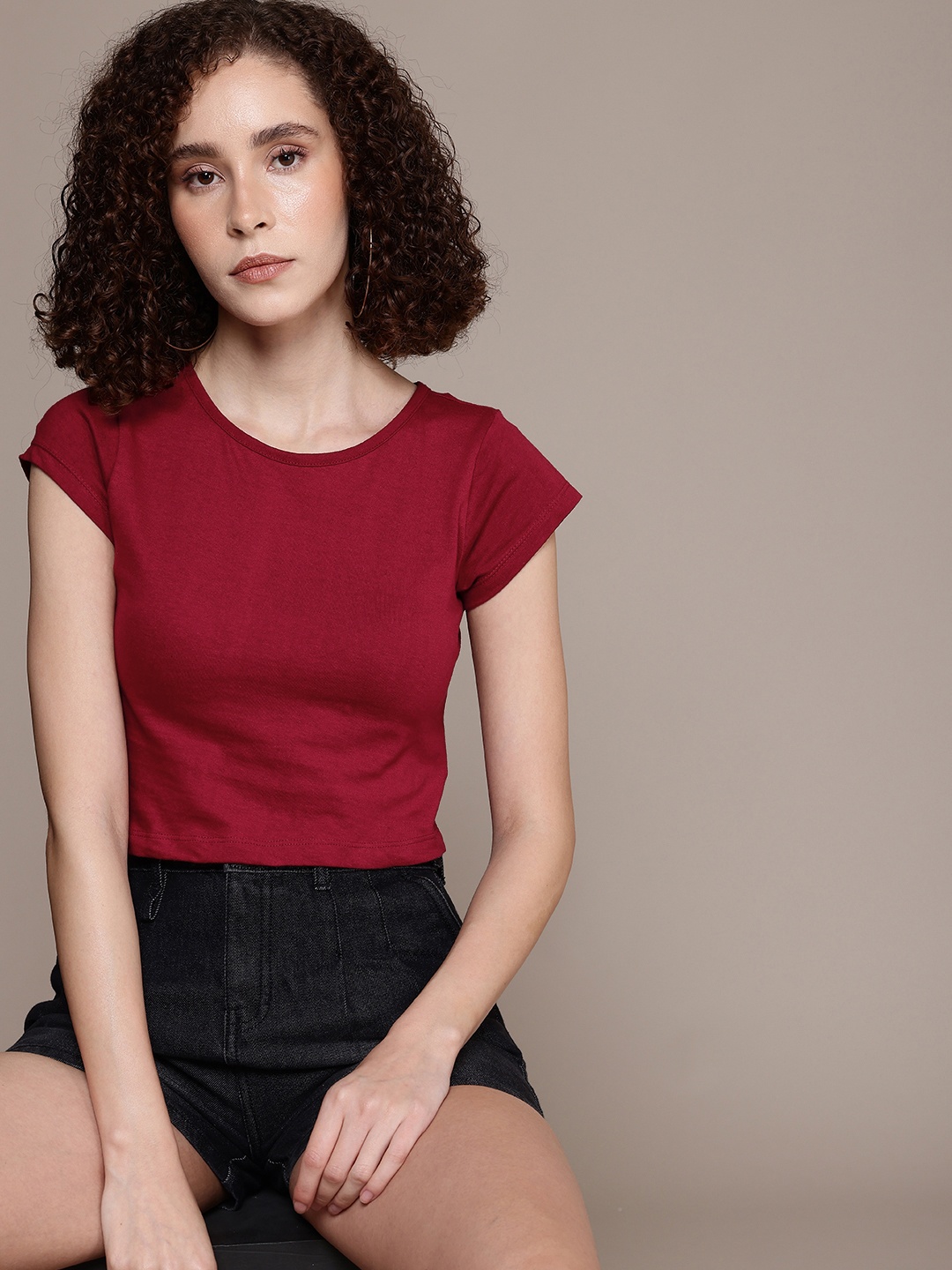 

The Roadster Life Co. Cap Sleeves Pure Cotton Boxy T-shirt, Maroon