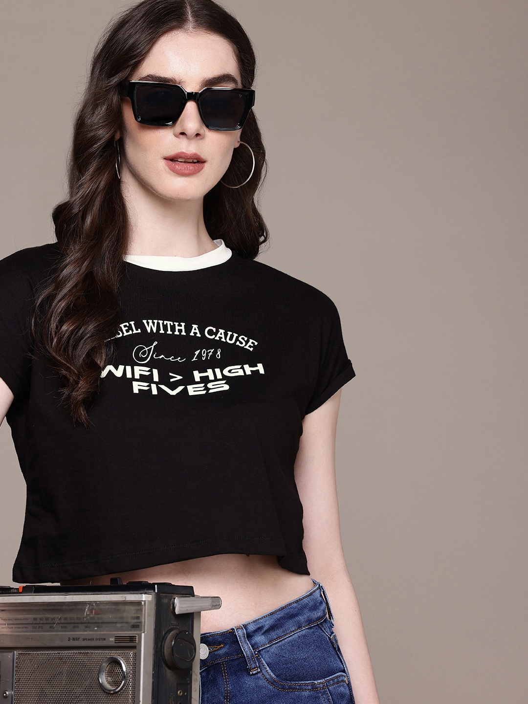 

The Roadster Life Co. Typography Printed Pure Cotton Boxy Crop T-shirt, Black