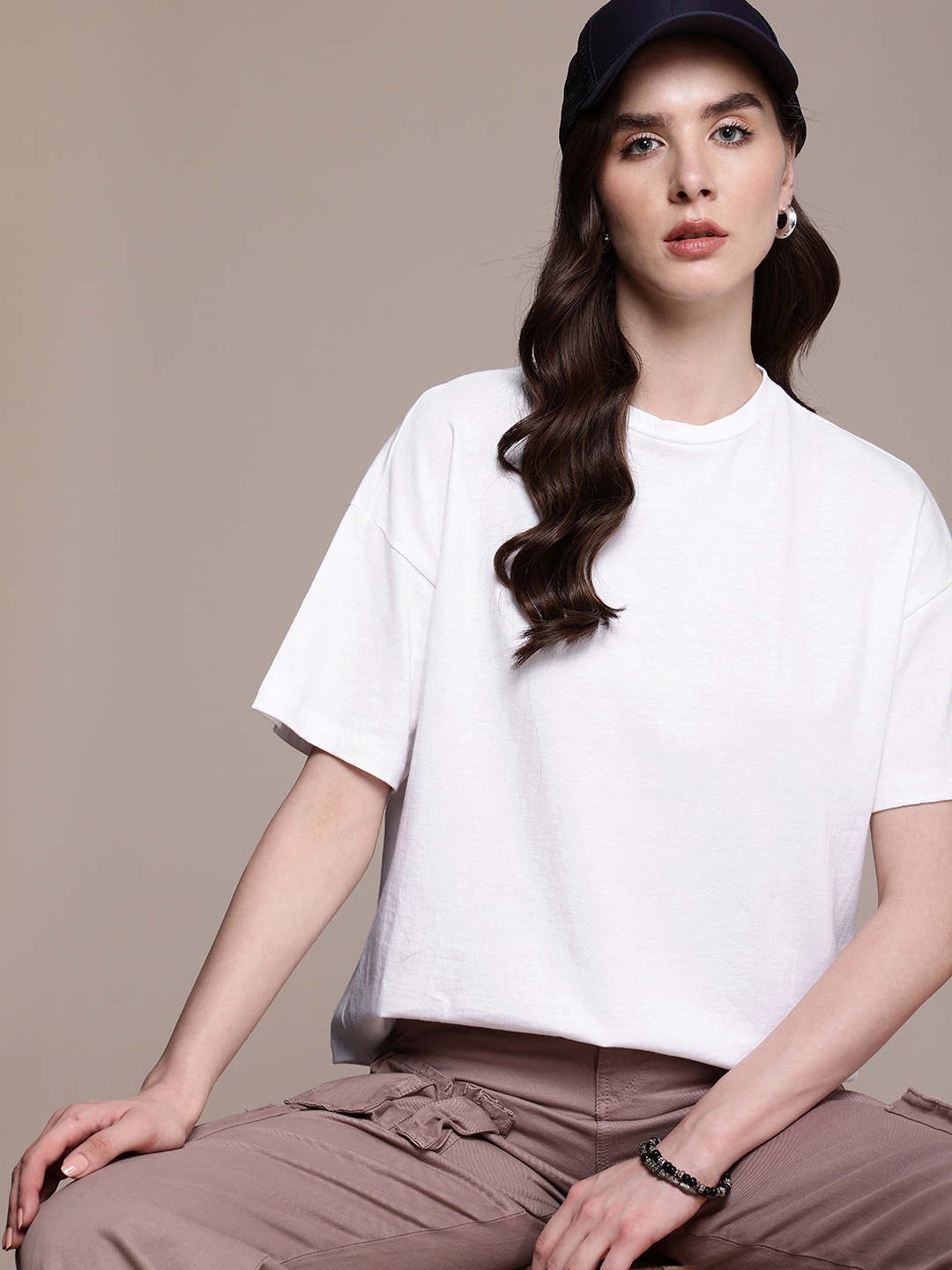 

The Roadster Life Co. Drop-Shoulder Sleeves Relaxed Fit Pure Cotton T-shirt, White